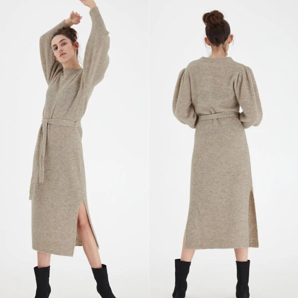 New! ICHI Jordan Oatmeal Melange Puff Sleeve Midi Sweater Dress NWT 35616